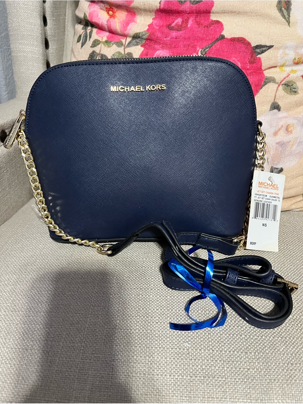 MICHAEL KORS Navy Saffiano Leather Chain-Trim Crossbody Bag NWT